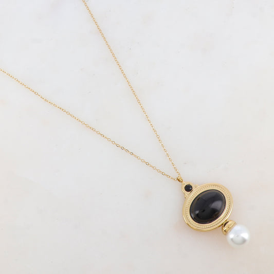 Collier avec pendentif ovale, strass, pierre naturelle et perle d'eau douce (40+5CM)