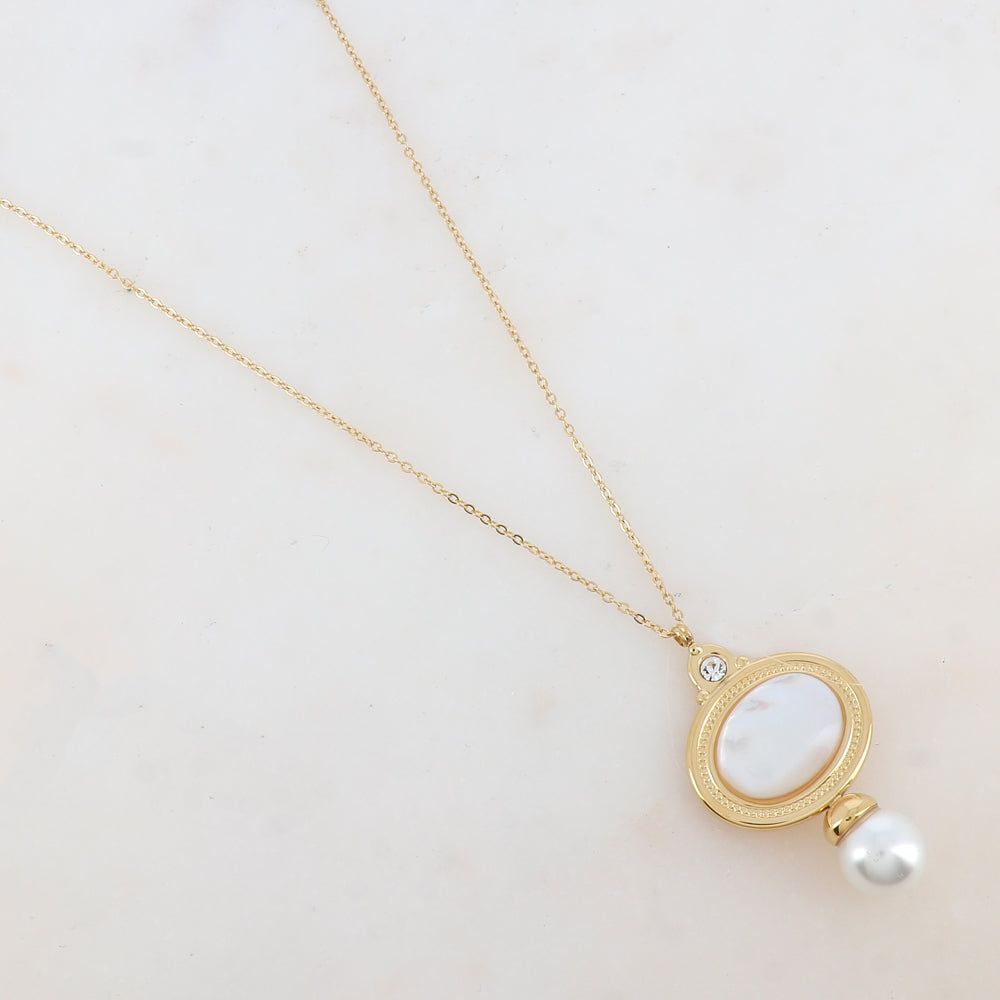 Collier avec pendentif ovale, strass, nacre et perle d'eau douce (40+5CM)