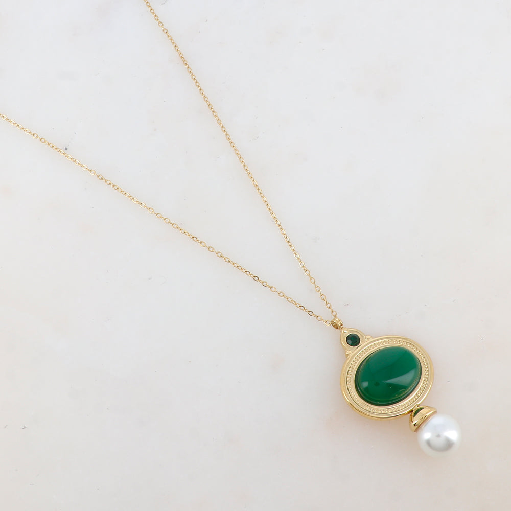 Collier avec pendentif ovale, strass, nacre et perle d'eau douce (40+5CM)