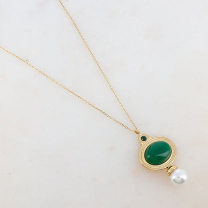 Collier avec pendentif ovale, strass, nacre et perle d'eau douce (40+5CM)