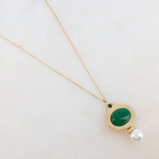 Collier avec pendentif ovale, strass, nacre et perle d'eau douce (40+5CM)
