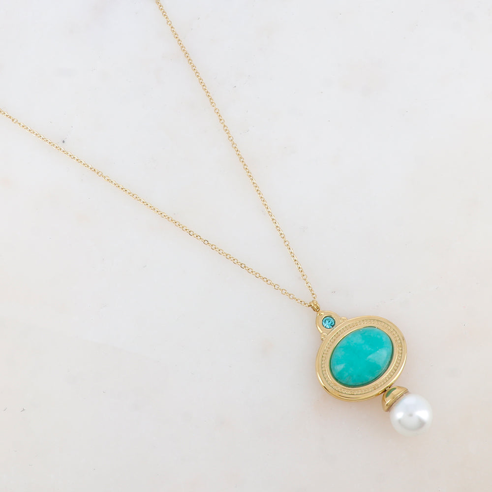Collier avec pendentif ovale, strass, pierre naturelle et perle d'eau douce (40+5CM)