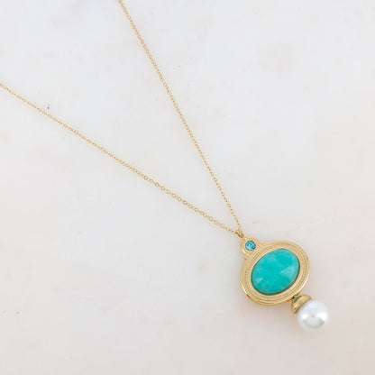Collier avec pendentif ovale, strass, pierre naturelle et perle d'eau douce (40+5CM)