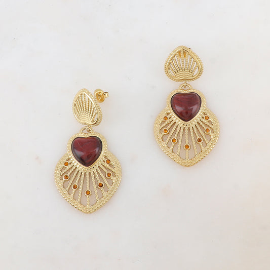 B.O à puce avec 2 cœurs ajourés, pierre naturelle en forme de cœur, strass 2,7 x 5,2 cm.