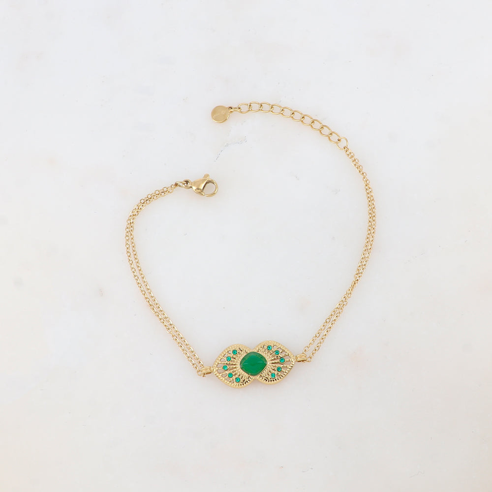Bracelet deux rangs deux cœurs ajourés superposés et collés, pierre naturelle et strass
