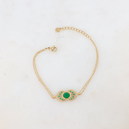 Bracelet deux rangs deux cœurs ajourés superposés et collés, pierre naturelle et strass