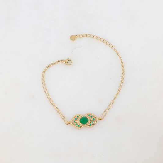 Bracelet deux rangs deux cœurs ajourés superposés et collés, pierre naturelle et strass