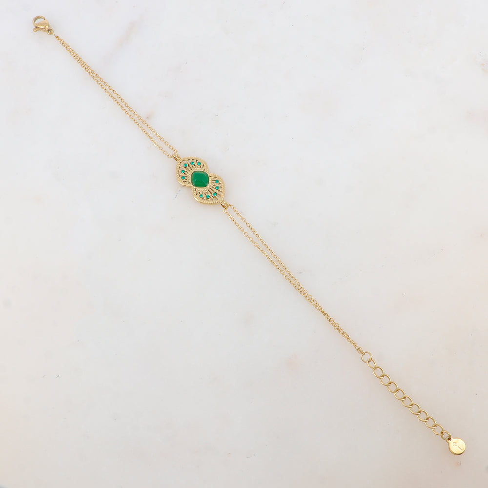 Bracelet deux rangs deux cœurs ajourés superposés et collés, pierre naturelle et strass