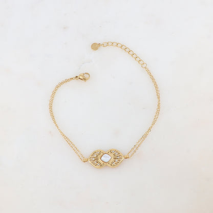 Bracelet deux rangs avec deux cœurs ajourés superposés et collés, nacre et strass