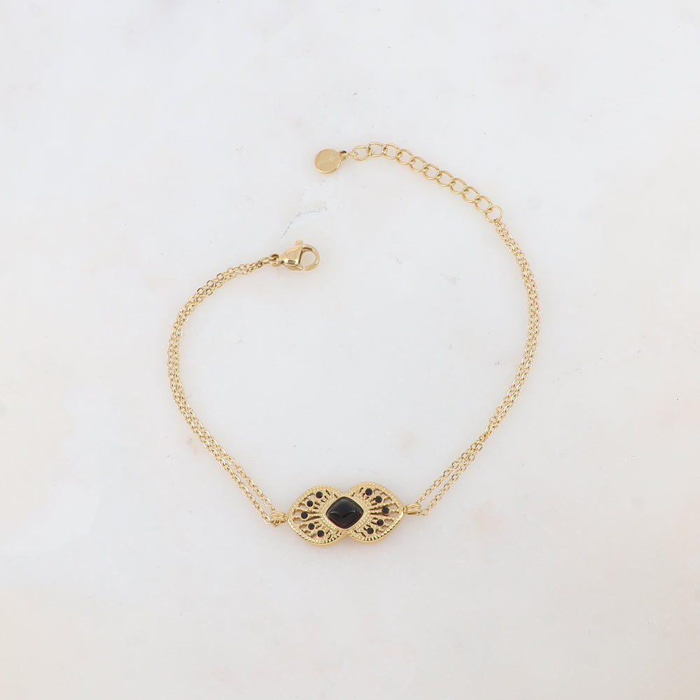 Bracelet deux rangs avec deux coeurs ajourés superposés et collés, pierre naturelle et strass