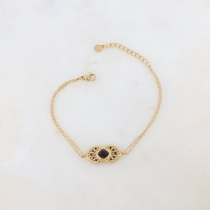 Bracelet deux rangs avec deux coeurs ajourés superposés et collés, pierre naturelle et strass