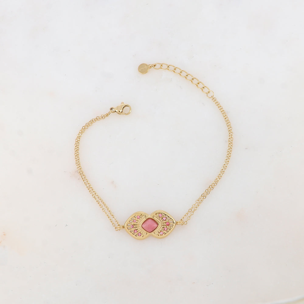 Bracelet deux rangs avec deux coeurs ajourés superposés et collés, pierre naturelle et strass
