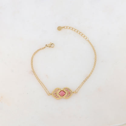 Bracelet deux rangs avec deux coeurs ajourés superposés et collés, pierre naturelle et strass