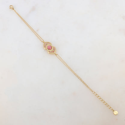 Bracelet deux rangs avec deux coeurs ajourés superposés et collés, pierre naturelle et strass