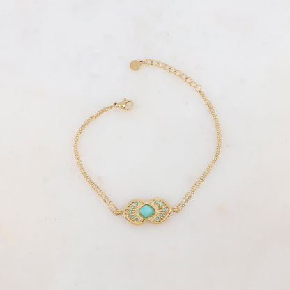 Bracelet deux rangs avec deux coeurs ajourés superposés et collés, pierre naturelle et strass