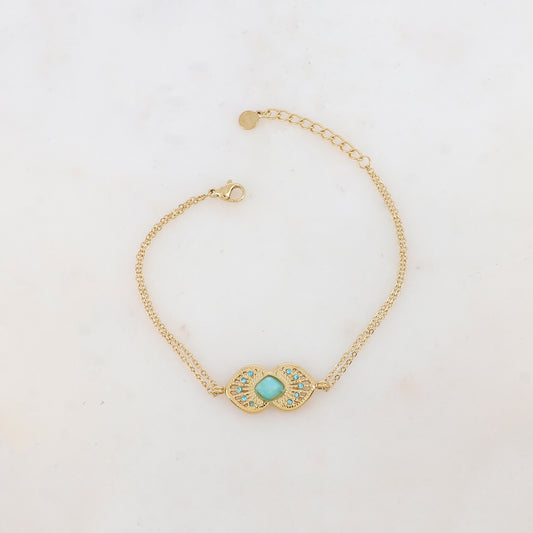 Bracelet deux rangs avec deux coeurs ajourés superposés et collés, pierre naturelle et strass