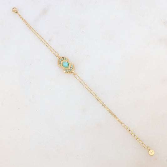 Bracelet deux rangs avec deux coeurs ajourés superposés et collés, pierre naturelle et strass