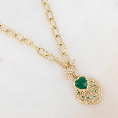 Collier en grosse maille avec pendentif cœur ajouré, pierre naturelle et strass (45+5CM)