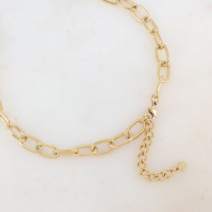 Collier en grosse maille avec pendentif cœur ajouré, pierre naturelle et strass (45+5CM)