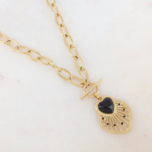 Collier en grosse maille avec pendentif cœur ajouré, pierre naturelle et strass (45+5CM)