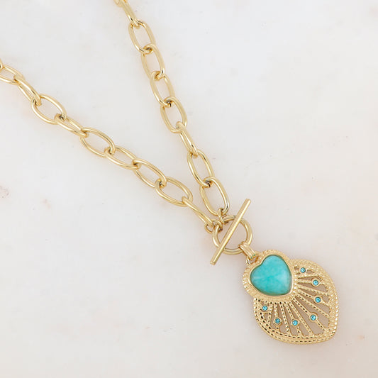 Collier en grosse maille avec pendentif cœur ajouré, pierre naturelle et strass (45+5CM)