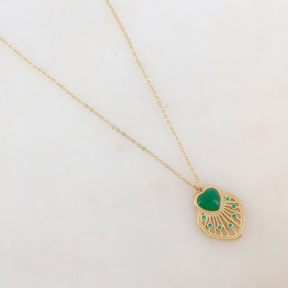 Collier avec pendentif cœur ajouré, pierre naturelle et strass (40+5CM)