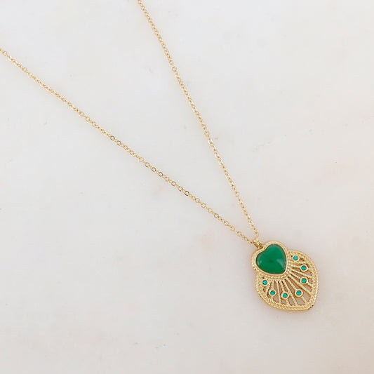 Collier avec pendentif cœur ajouré, pierre naturelle et strass (40+5CM)