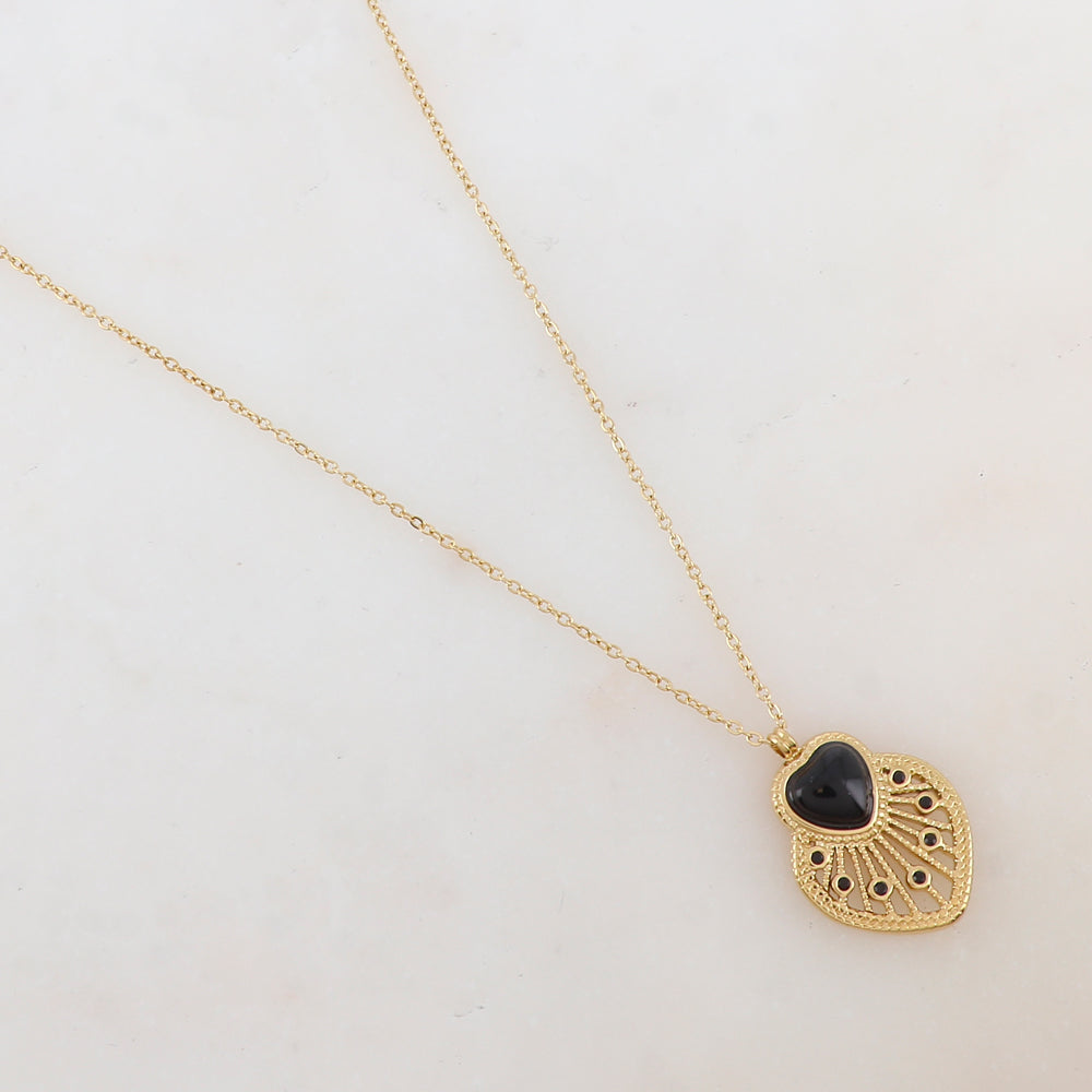 Collier avec pendentif cœur ajouré, pierre naturelle et strass (40+5CM)