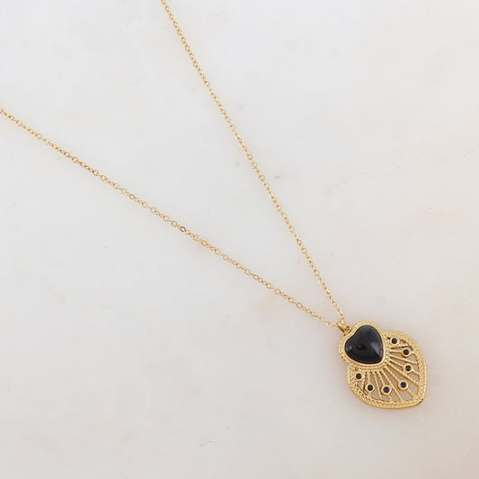 Collier avec pendentif cœur ajouré, pierre naturelle et strass (40+5CM)