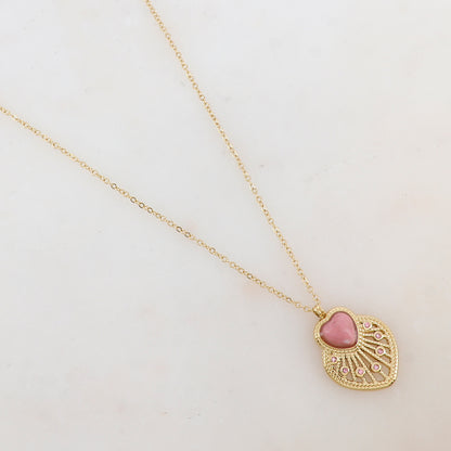 Collier avec pendentif cœur ajouré, pierre naturelle et strass (40+5CM)