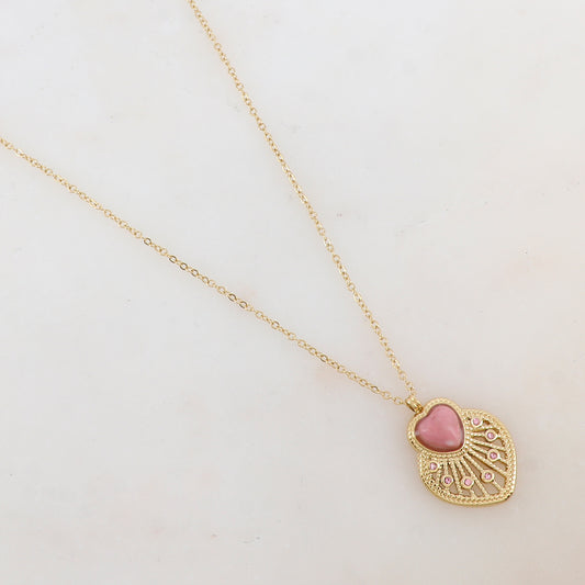 Collier avec pendentif cœur ajouré, pierre naturelle et strass (40+5CM)