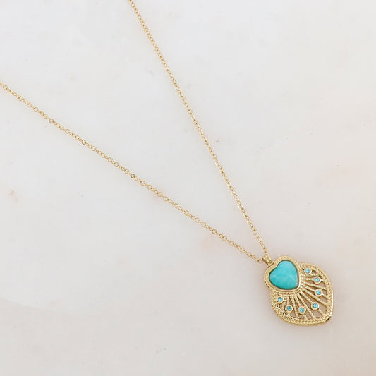 Collier avec pendentif cœur ajouré, pierre naturelle et strass (40+5CM)