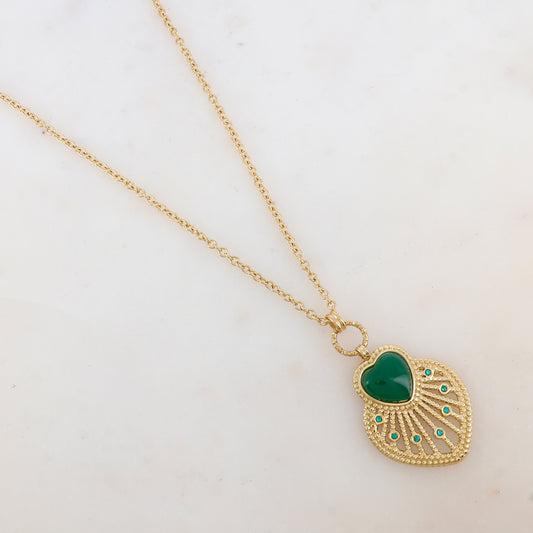Sautoir avec pendentif cœur ajouré, pierre naturelle et strass (80+10CM)