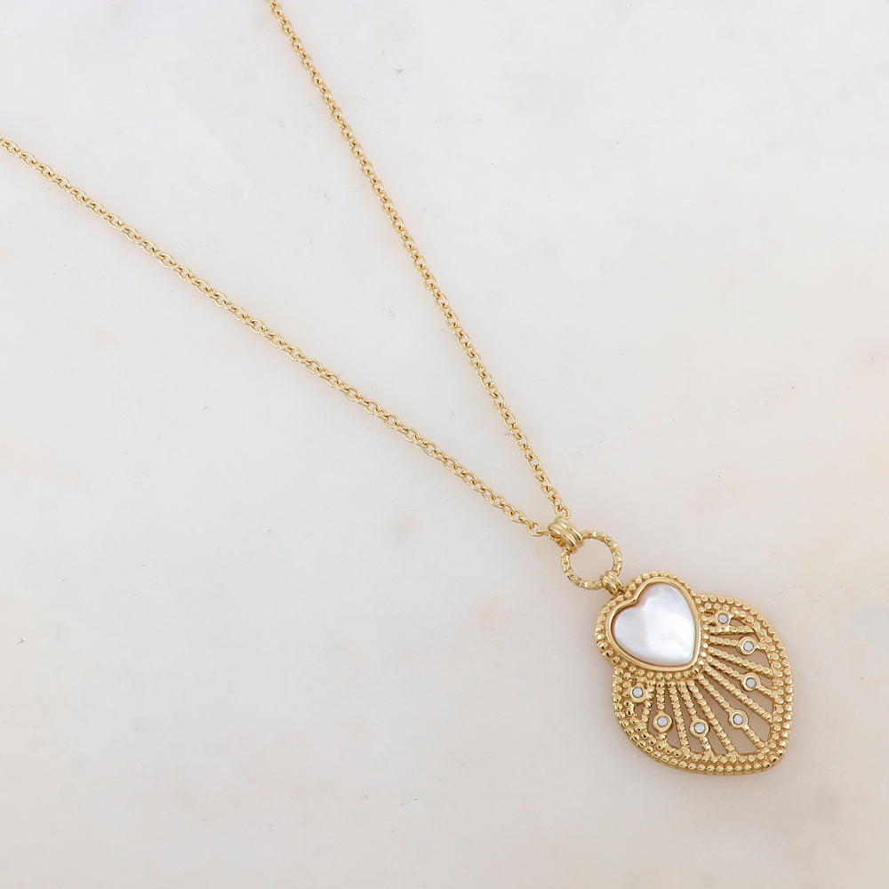 Sautoir avec pendentif cœur ajouré, nacre et strass (80+10CM)