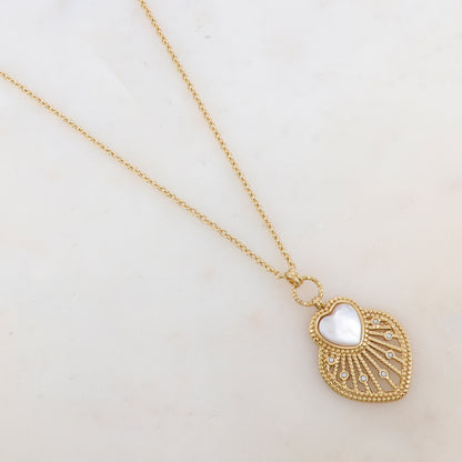 Sautoir avec pendentif cœur ajouré, nacre et strass (80+10CM)