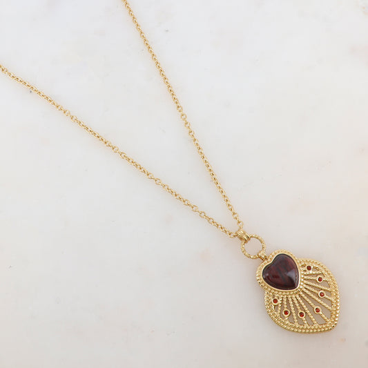 Sautoir avec pendentif cœur ajouré, pierre naturelle et strass (80+10CM)