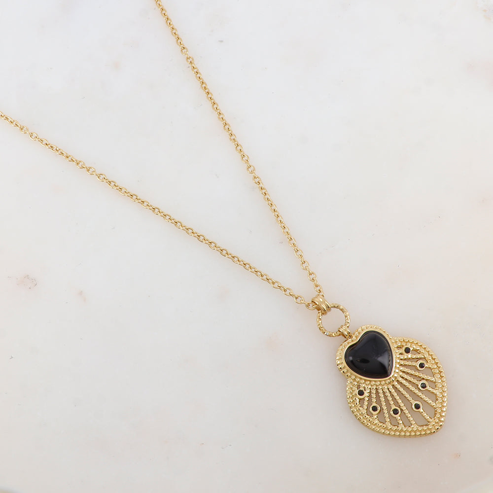 Sautoir avec pendentif cœur ajouré, pierre naturelle et strass (80+10CM)