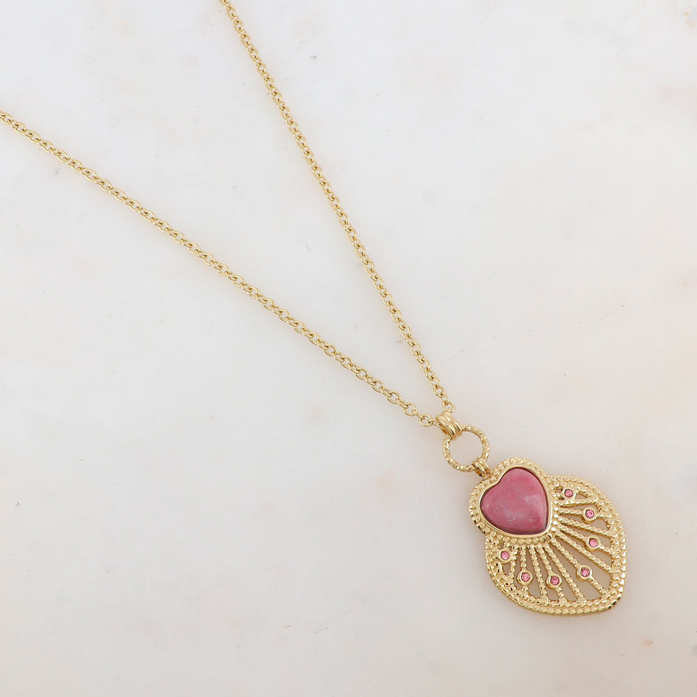 Sautoir avec pendentif cœur ajouré, pierre naturelle et strass (80+10CM)