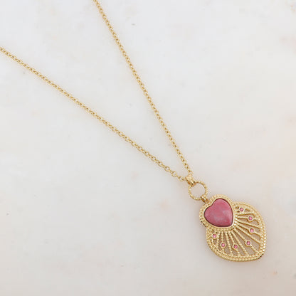 Sautoir avec pendentif cœur ajouré, pierre naturelle et strass (80+10CM)