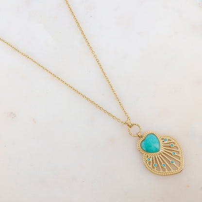 Sautoir avec pendentif cœur ajouré, pierre naturelle et strass (80+10CM)