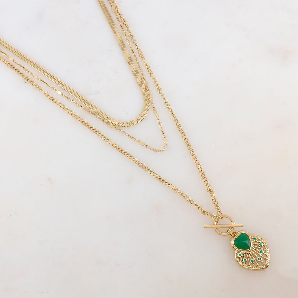 Collier 3 rangs avec pendentif cœur ajouré, pierre naturelle et strass (38/44/55+7CM)