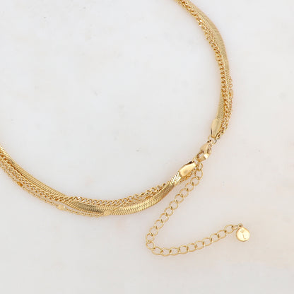 Collier 3 rangs avec pendentif cœur ajouré, pierre naturelle et strass (38/44/55+7CM)