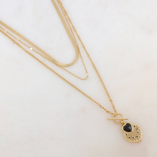 Collier 3 rangs avec pendentif cœur ajouré, pierre naturelle et strass (38/44/55+7CM)