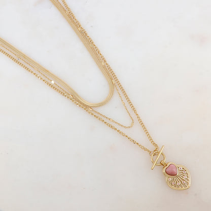 Collier 3 rangs avec pendentif cœur ajouré, pierre naturelle et strass (38/44/55+7CM)