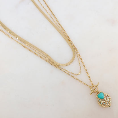 Collier 3 rangs avec pendentif cœur ajouré, pierre naturelle et strass (38/44/55+7CM)