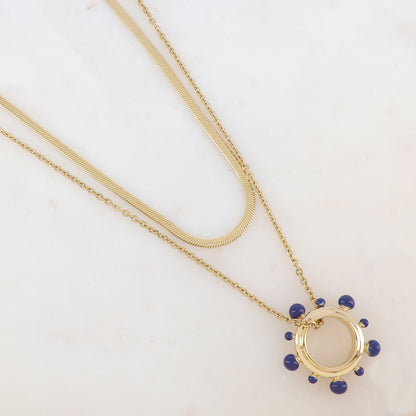 Collier 2 rangs avec pendentif anneau embelli de boules émaillées (40/55+5CM)
