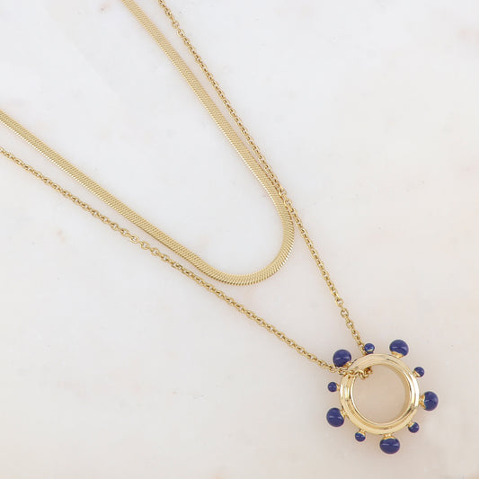 Collier 2 rangs avec pendentif anneau embelli de boules émaillées (40/55+5CM)
