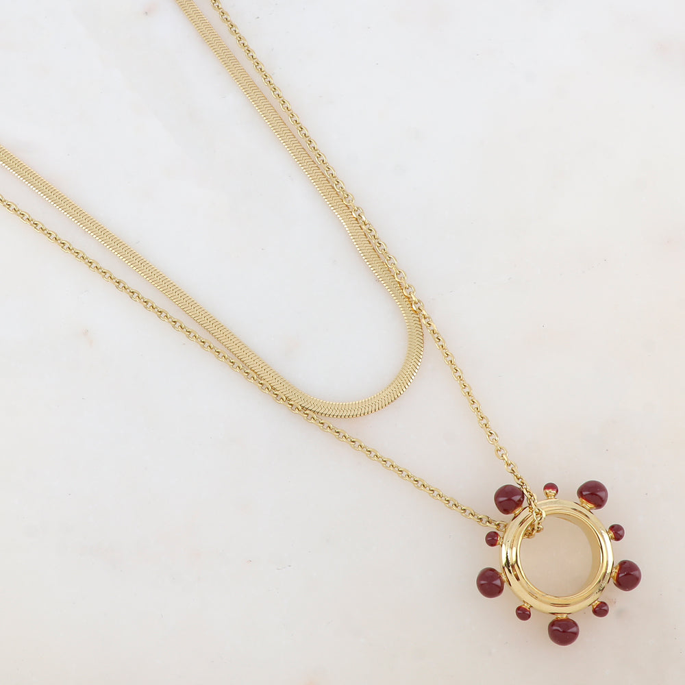 Collier 2 rangs avec pendentif anneau embelli de boules émaillées (40/55+5CM)