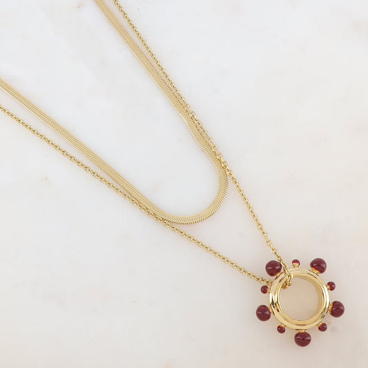 Collier 2 rangs avec pendentif anneau embelli de boules émaillées (40/55+5CM)