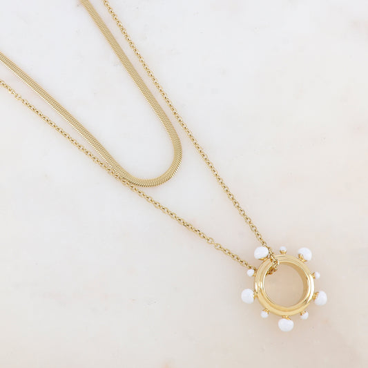 Collier 2 rangs avec pendentif anneau embelli de boules émaillées (40/55+5CM)
